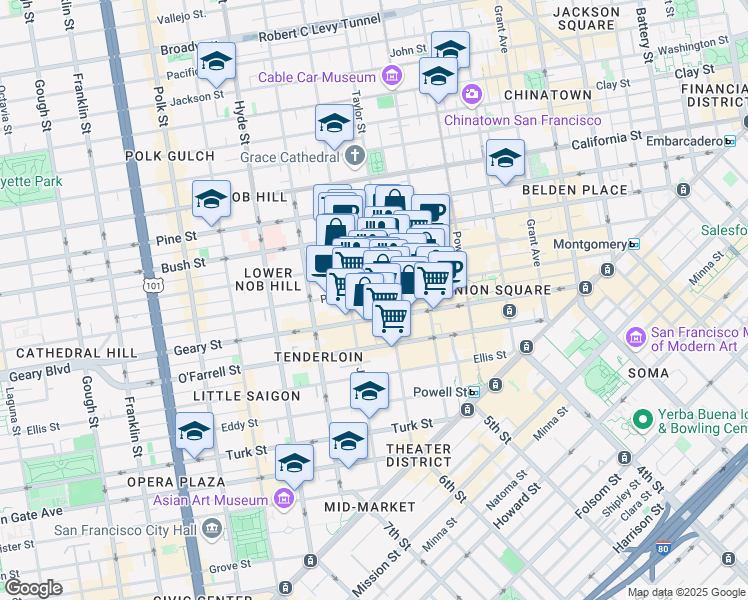 map of restaurants, bars, coffee shops, grocery stores, and more near 628 Post Street in San Francisco