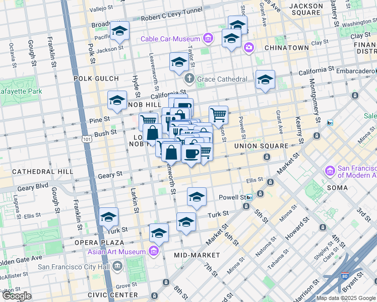 map of restaurants, bars, coffee shops, grocery stores, and more near in San Francisco