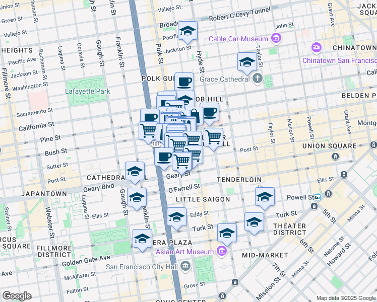 map of restaurants, bars, coffee shops, grocery stores, and more near 1234 Polk Street in San Francisco