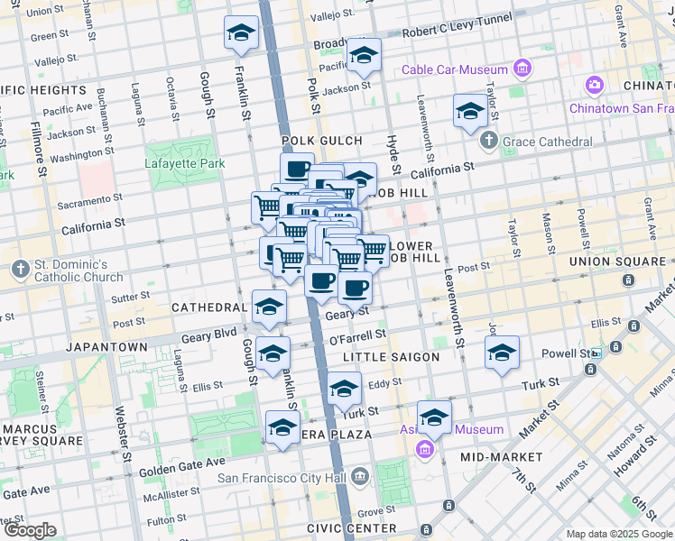 map of restaurants, bars, coffee shops, grocery stores, and more near 1295 Sutter Street in San Francisco