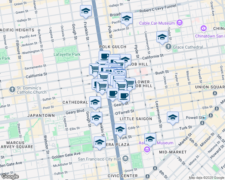 map of restaurants, bars, coffee shops, grocery stores, and more near 1295 Sutter Street in San Francisco