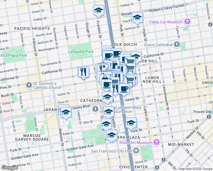 map of restaurants, bars, coffee shops, grocery stores, and more near 1613 Bush Street in San Francisco