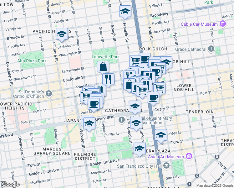 map of restaurants, bars, coffee shops, grocery stores, and more near 1701 Bush Street in San Francisco