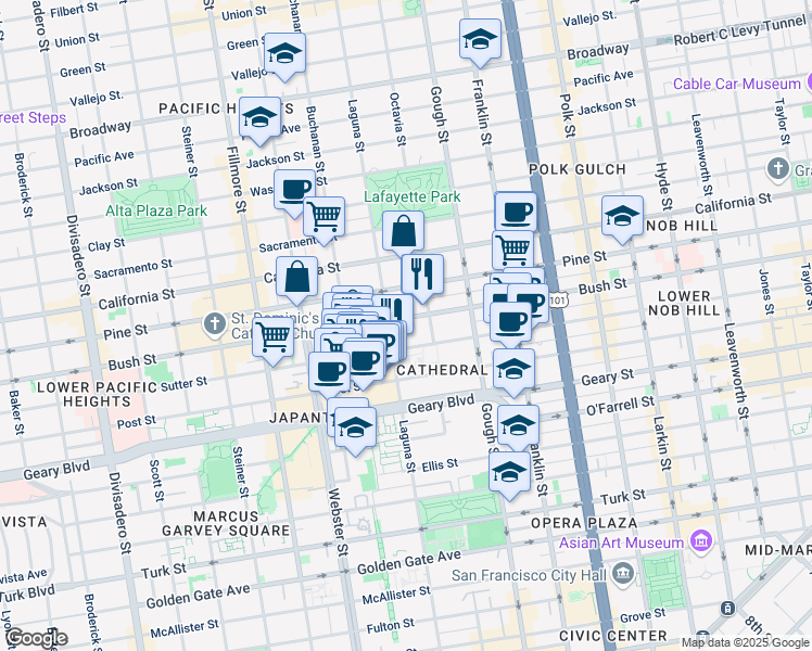 map of restaurants, bars, coffee shops, grocery stores, and more near 1830 Laguna Street in San Francisco