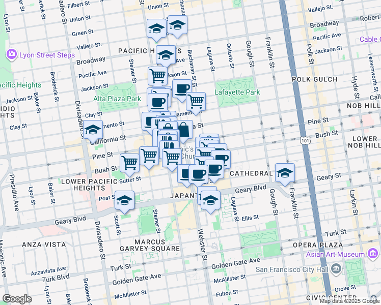map of restaurants, bars, coffee shops, grocery stores, and more near 2133 Pine Street in San Francisco