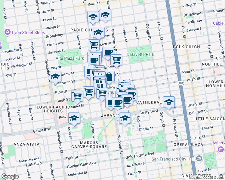 map of restaurants, bars, coffee shops, grocery stores, and more near 2133 Pine Street in San Francisco