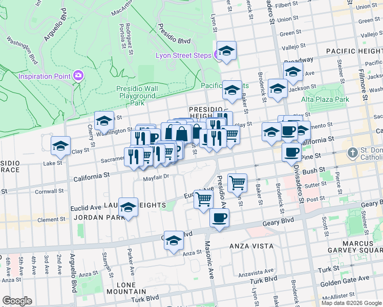 map of restaurants, bars, coffee shops, grocery stores, and more near 3450 Sacramento Street in San Francisco