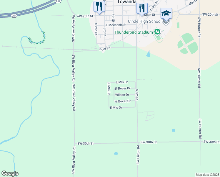 map of restaurants, bars, coffee shops, grocery stores, and more near 636 North Mills Drive in Towanda