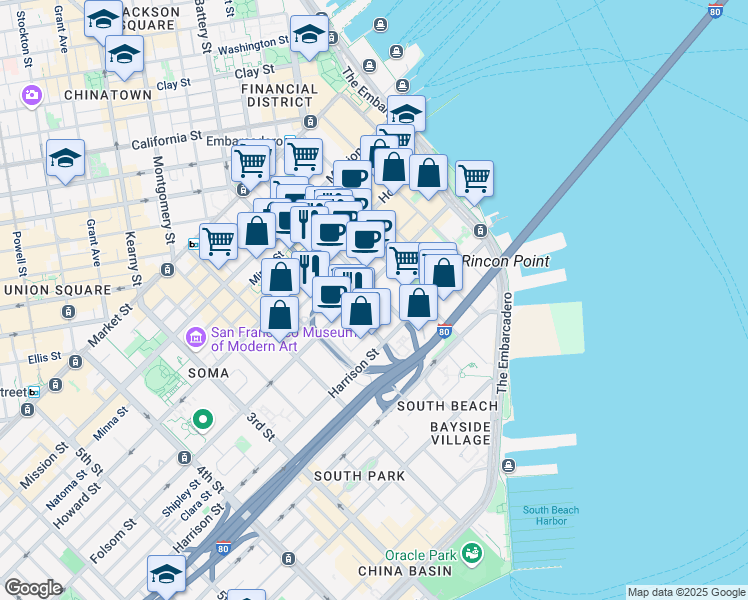 map of restaurants, bars, coffee shops, grocery stores, and more near 425 Folsom Street in San Francisco