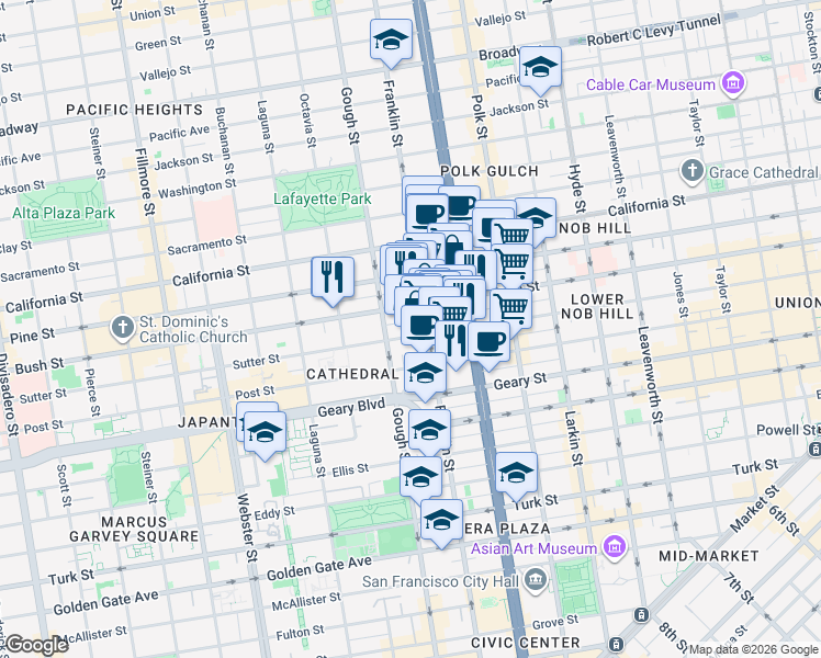 map of restaurants, bars, coffee shops, grocery stores, and more near 1625 Bush Street in San Francisco