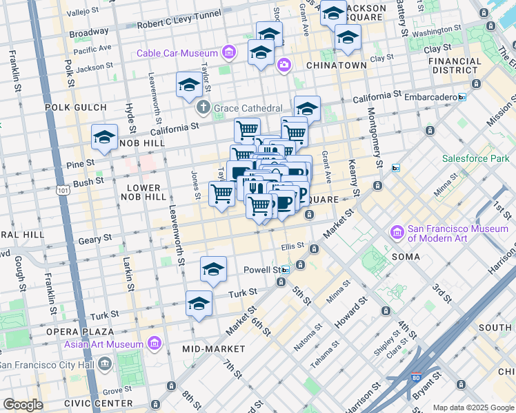 map of restaurants, bars, coffee shops, grocery stores, and more near 414 Mason Street in San Francisco