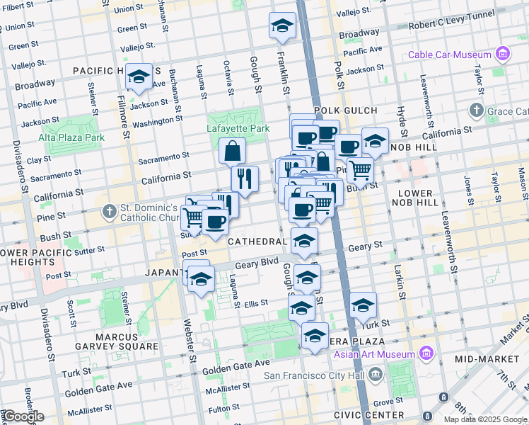 map of restaurants, bars, coffee shops, grocery stores, and more near 1550 Sutter Street in San Francisco