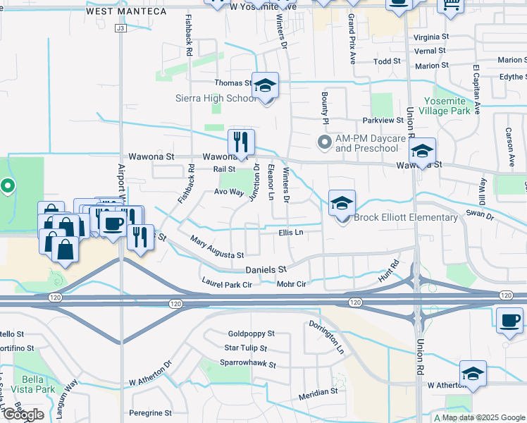 map of restaurants, bars, coffee shops, grocery stores, and more near 1057 Eleanor Lane in Manteca
