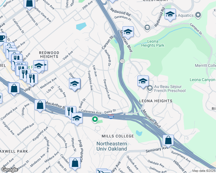 map of restaurants, bars, coffee shops, grocery stores, and more near 4686 Davenport Avenue in Oakland