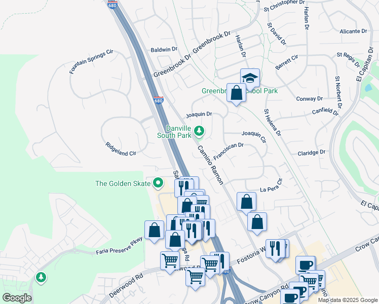 map of restaurants, bars, coffee shops, grocery stores, and more near 75 Saint Ramon Court in Danville