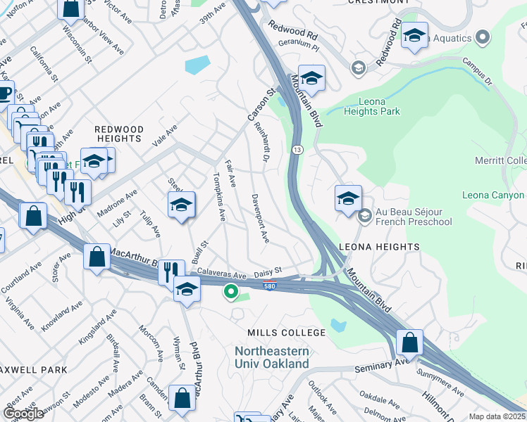 map of restaurants, bars, coffee shops, grocery stores, and more near 4686 Davenport Avenue in Oakland