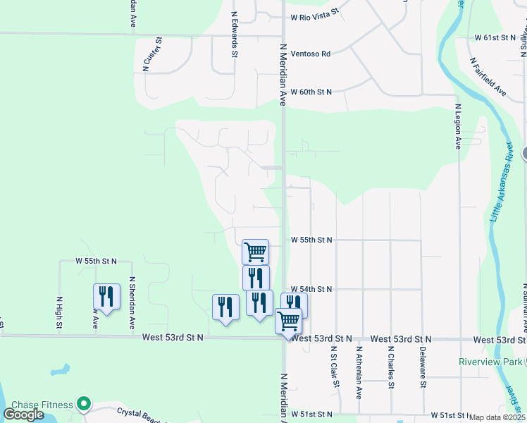 map of restaurants, bars, coffee shops, grocery stores, and more near 5735 North Meridian Avenue in Wichita