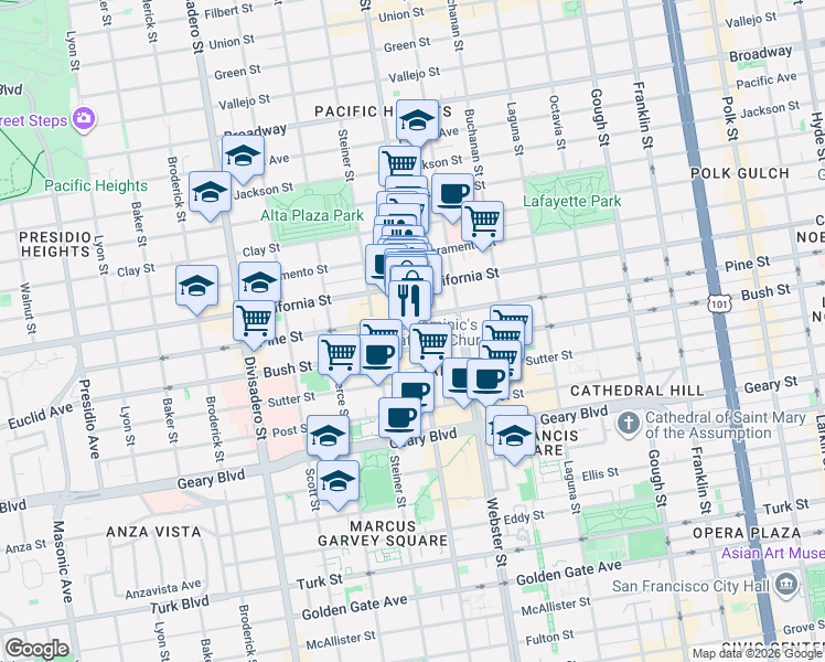 map of restaurants, bars, coffee shops, grocery stores, and more near 2352 Pine Street in San Francisco
