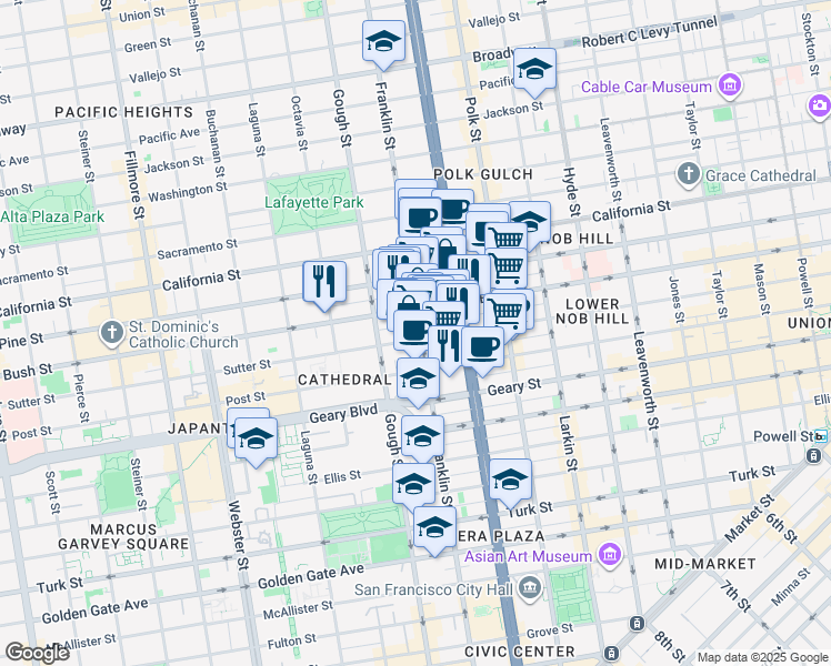 map of restaurants, bars, coffee shops, grocery stores, and more near 1405 Franklin Street in San Francisco
