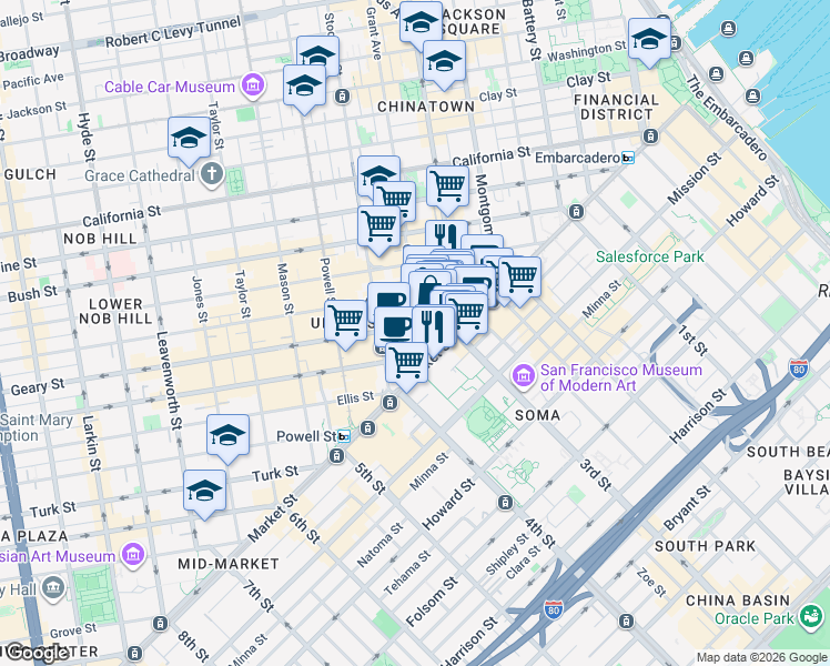 map of restaurants, bars, coffee shops, grocery stores, and more near 59 Grant Avenue in San Francisco