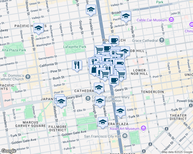 map of restaurants, bars, coffee shops, grocery stores, and more near 1420 Sutter Street in San Francisco