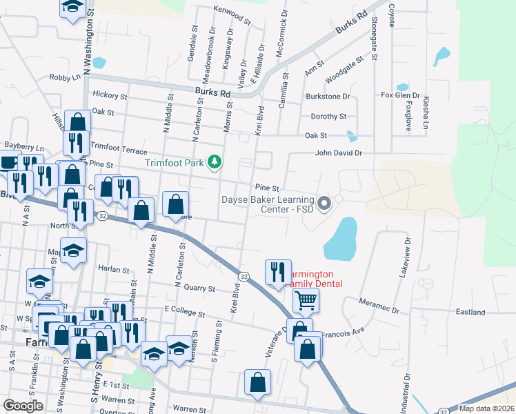 map of restaurants, bars, coffee shops, grocery stores, and more near 214 Krei Boulevard in Farmington
