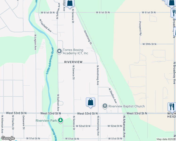 map of restaurants, bars, coffee shops, grocery stores, and more near 5757 Armstrong Street in Wichita