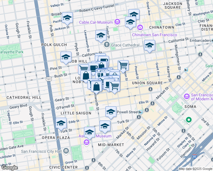 map of restaurants, bars, coffee shops, grocery stores, and more near 700 Jones Street in San Francisco