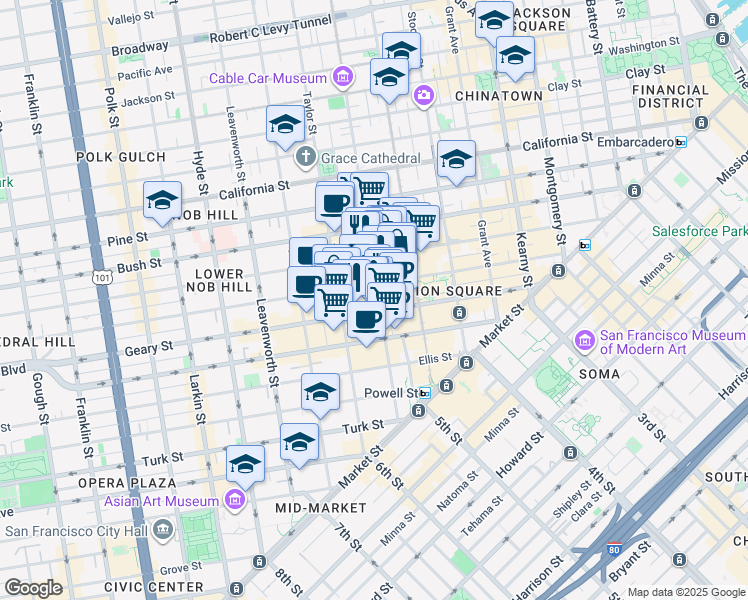 map of restaurants, bars, coffee shops, grocery stores, and more near 398 Geary Street in San Francisco