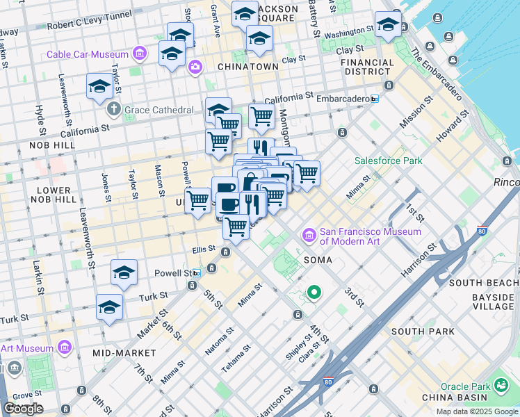 map of restaurants, bars, coffee shops, grocery stores, and more near 720 Market Street in San Francisco
