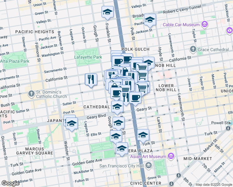 map of restaurants, bars, coffee shops, grocery stores, and more near 1405 Franklin Street in San Francisco