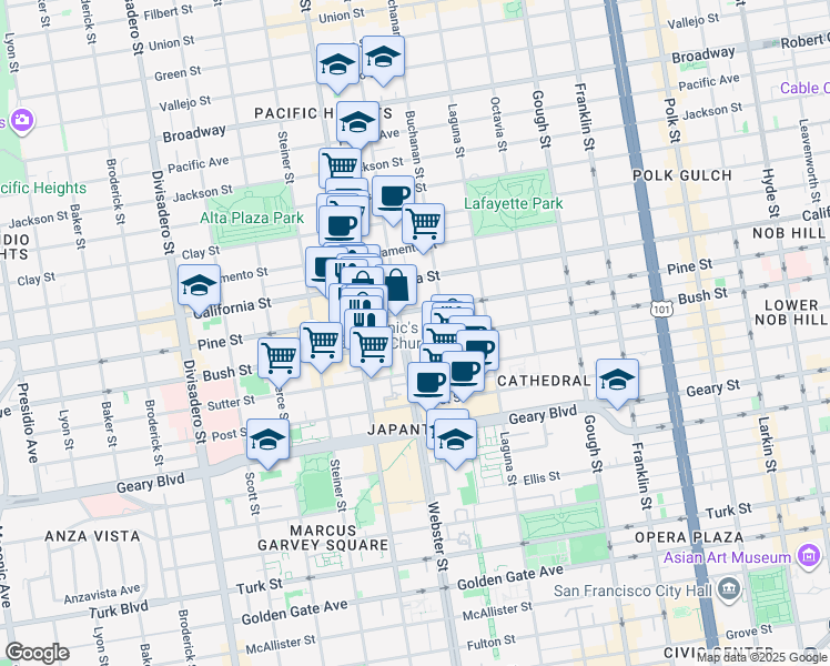 map of restaurants, bars, coffee shops, grocery stores, and more near 2070 Bush Street in San Francisco