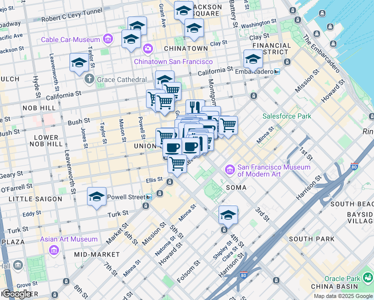 map of restaurants, bars, coffee shops, grocery stores, and more near 58 Geary Boulevard in San Francisco