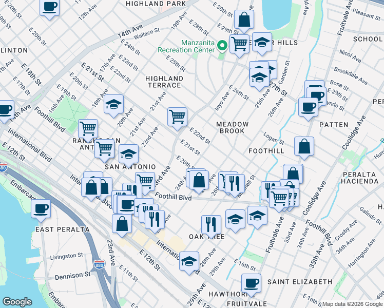 map of restaurants, bars, coffee shops, grocery stores, and more near 2356 East 21st Street in Oakland