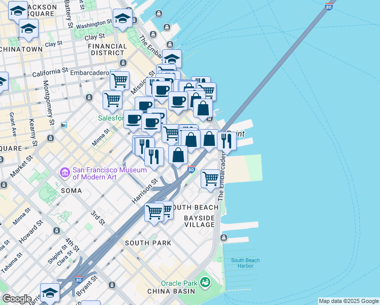 map of restaurants, bars, coffee shops, grocery stores, and more near 201 Harrison Street in San Francisco