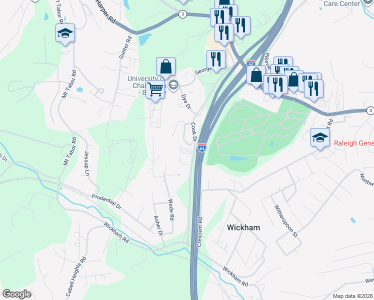 map of restaurants, bars, coffee shops, grocery stores, and more near 362 Harper Park Drive in Beckley