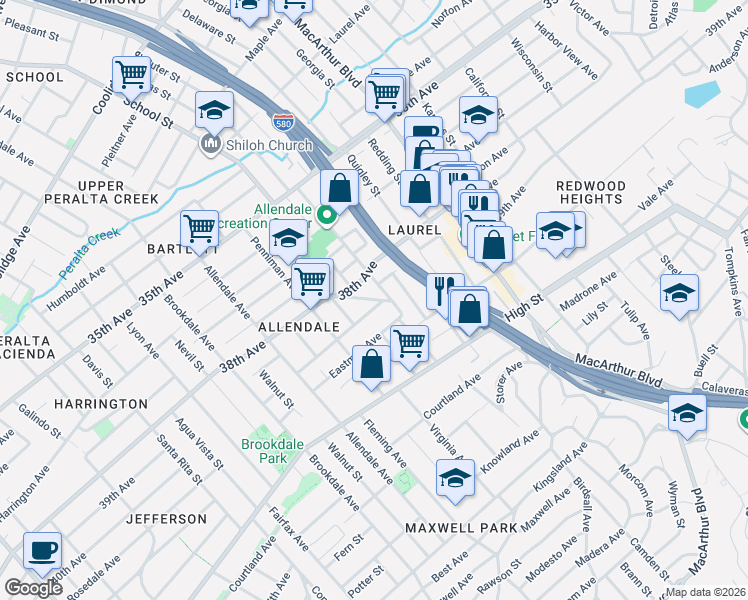 map of restaurants, bars, coffee shops, grocery stores, and more near 4012 Suter Street in Oakland