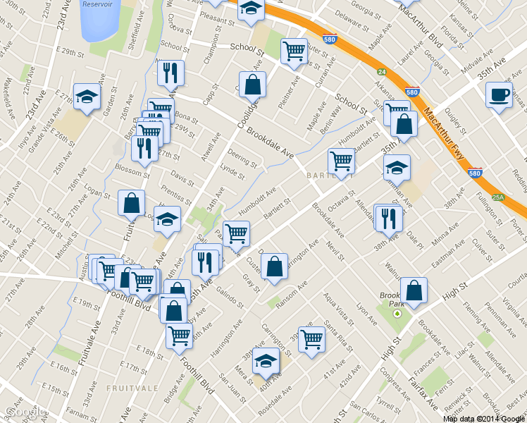 map of restaurants, bars, coffee shops, grocery stores, and more near 2370 Humboldt Avenue in Oakland