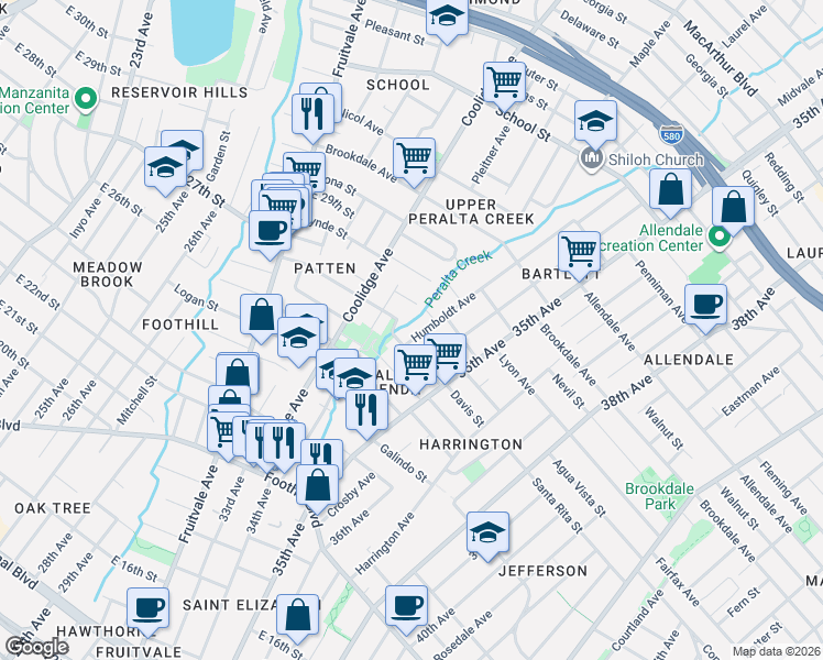 map of restaurants, bars, coffee shops, grocery stores, and more near 3428 Davis Street in Oakland
