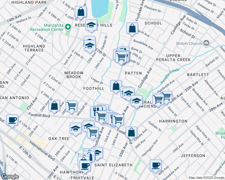 map of restaurants, bars, coffee shops, grocery stores, and more near 3060 Logan Street in Oakland