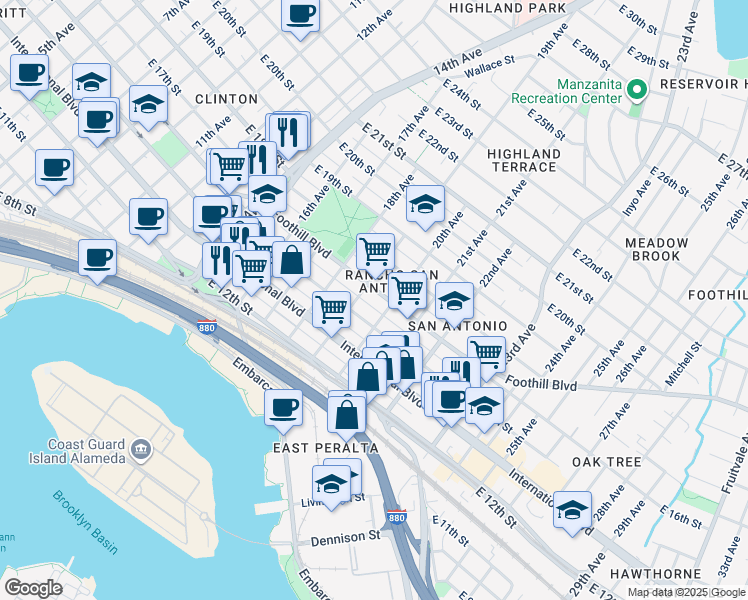 map of restaurants, bars, coffee shops, grocery stores, and more near in Oakland