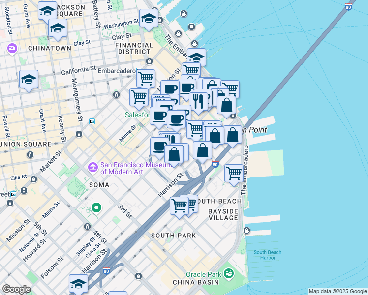 map of restaurants, bars, coffee shops, grocery stores, and more near 338 Beale Street in San Francisco