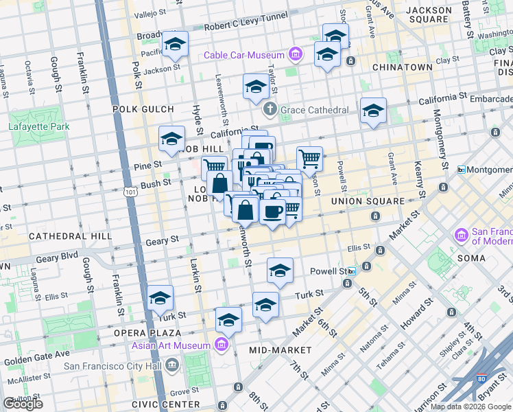 map of restaurants, bars, coffee shops, grocery stores, and more near 737 Post Street in San Francisco