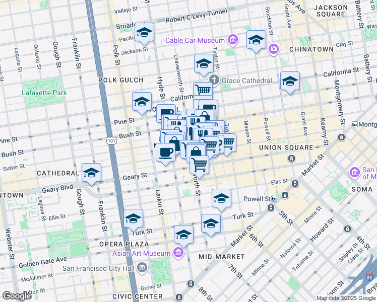 map of restaurants, bars, coffee shops, grocery stores, and more near 736 Leavenworth Street in San Francisco