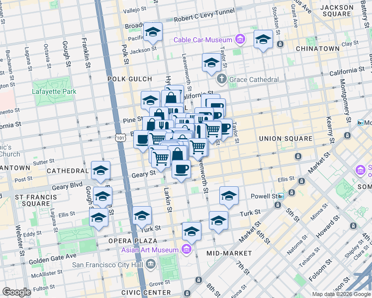 map of restaurants, bars, coffee shops, grocery stores, and more near 989 Sutter Street in San Francisco