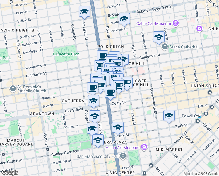 map of restaurants, bars, coffee shops, grocery stores, and more near 1295 Sutter Street in San Francisco