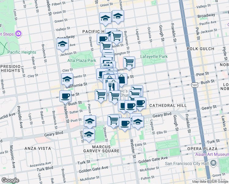 map of restaurants, bars, coffee shops, grocery stores, and more near 2263 Pine Street in San Francisco