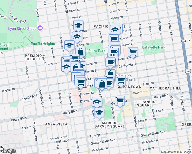 map of restaurants, bars, coffee shops, grocery stores, and more near in San Francisco