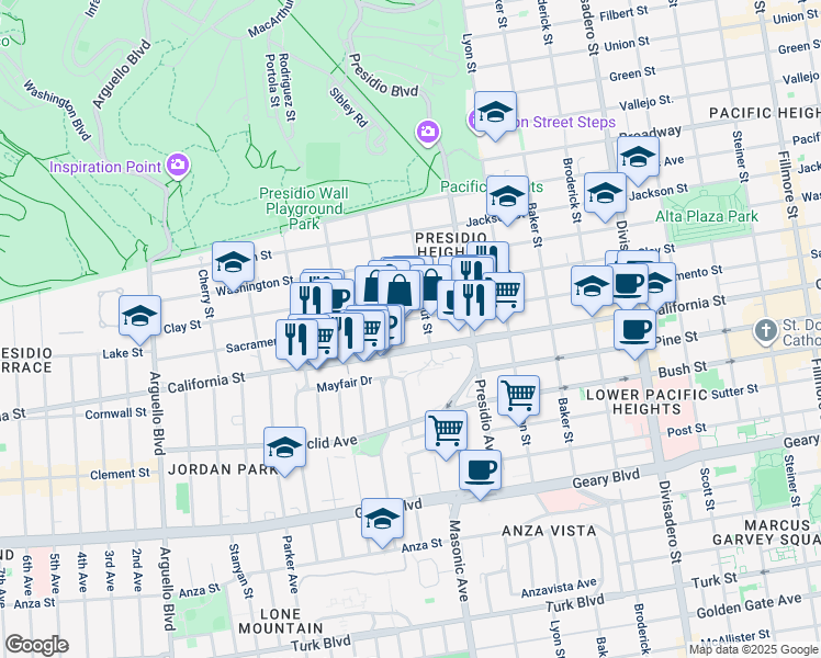 map of restaurants, bars, coffee shops, grocery stores, and more near 3450 Sacramento Street in San Francisco