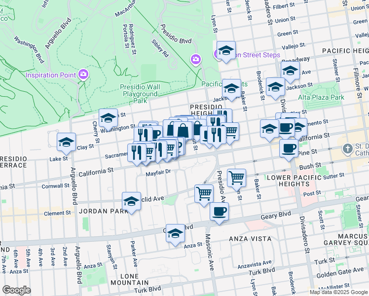 map of restaurants, bars, coffee shops, grocery stores, and more near 3450 Sacramento Street in San Francisco